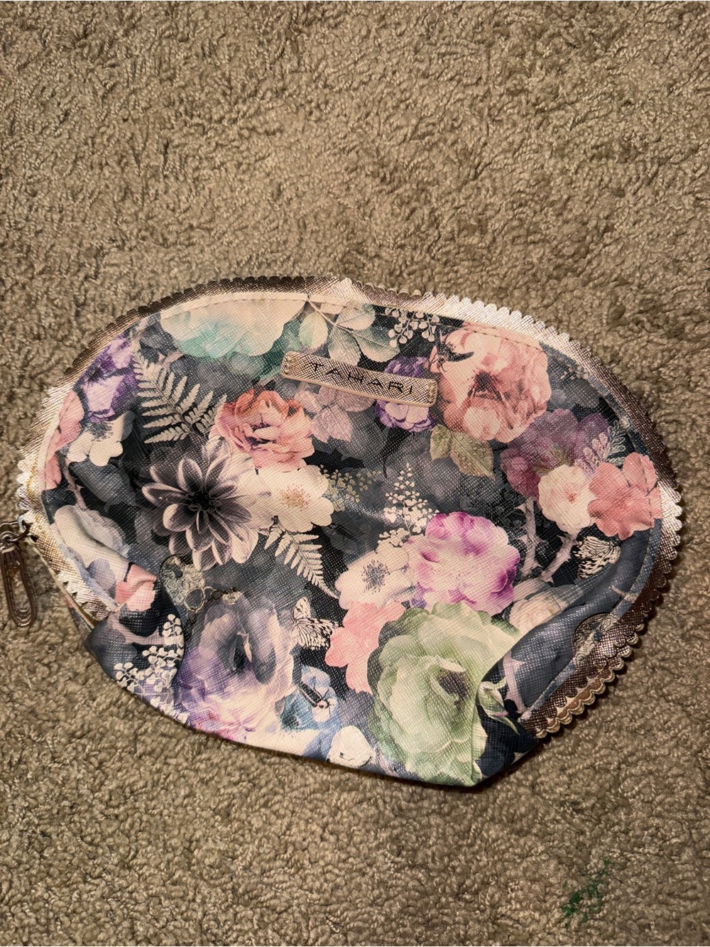 Tahari Navy Floral Zip Cosmetic Pouch with Pastel Accents